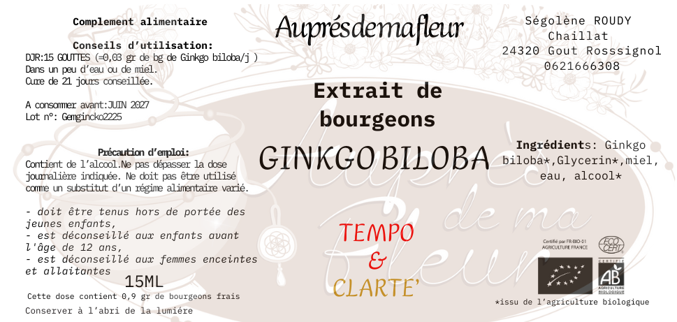 Gemmothérapie Ginkgo (Ginkgo biloba) - 15ml