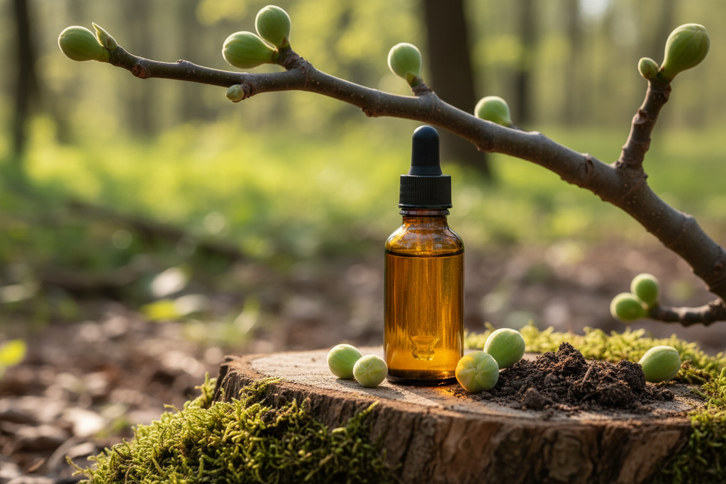flacon  en verre ambrée avec un liquide dedans et quelques bourgeons de figuier pour faire de la gemmotheraphie au pieds d'un arbre de figuier