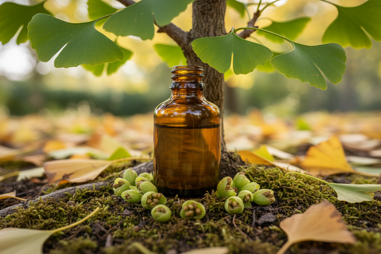 flacon  en verre ambrée  sans etiquette avec un liquide dedans et quelques bourgeons dE GINCKO   pour faire de la gemmotheraphie au pieds d'un arbre d oGINCKO BILOBA