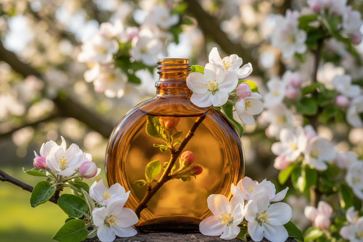 Peux tu mettre une fiole ambrée avec des bourgeon de pommier, et un liquide denas devant un pommier 