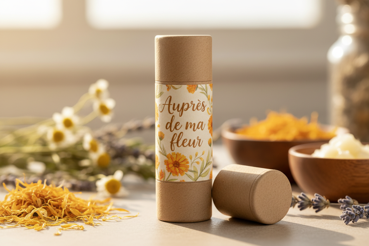 peux tux generer un petit stick a levre avec ecrit aupres de ma fleur dessus autous de calendual