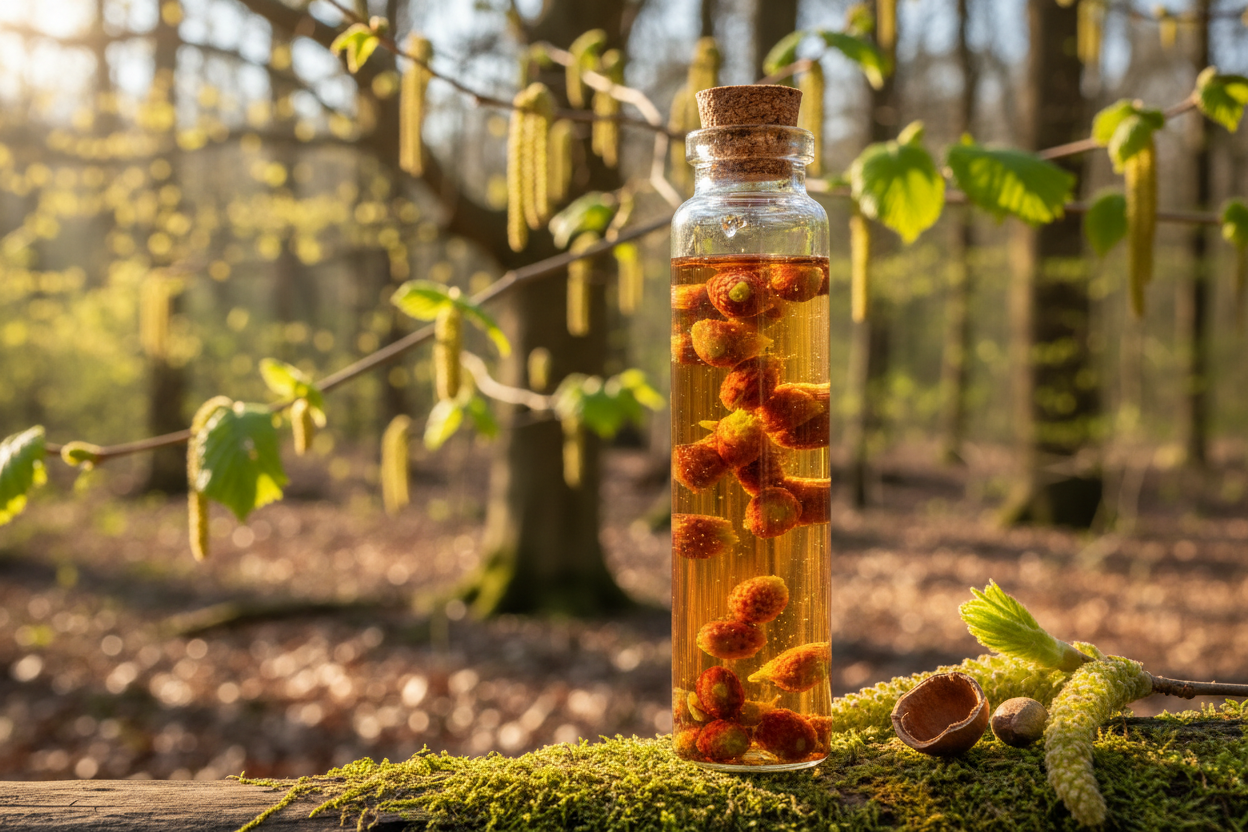 uN FLACON AVEC DES BOURGEON SDE NOISETIERS et du liquide pres d'un NOISETIER