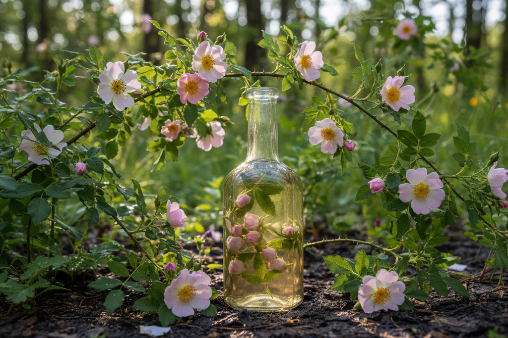 Un flacon avec du liqui et des bourgeons de dans au pied d'un eglatier